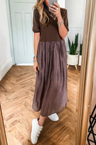 Coffee Knit Top Patchwork Pleated Half Sleeve Long Dress Maxi Dresses 96333211f8d5ee57