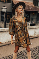 Brown Plaid Pattern Empire Waist Babydoll Dress Short Dresses 96480f29f7d800ef