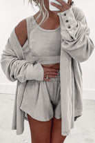 Gray Shirred Hem Crop Tank Top Loose Shorts Cardigan 3 Piece Pajama Set Loungewear Set 96491aab0405fb84