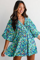 Green Abstract Print Batwing Sleeve V Neck High Waist Romper Rompers 966b2e0ed15c1447