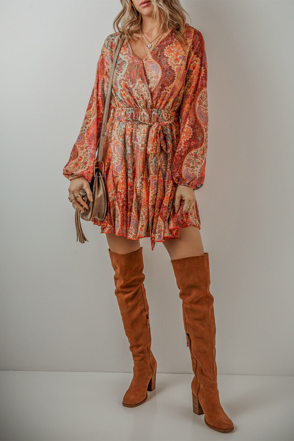 Orange Boho Paisley Print Long Sleeve Pleated Belted Mini Dress Short Dresses 96700f7901a3fe34