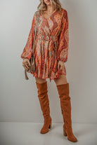Orange Boho Paisley Print Long Sleeve Pleated Belted Mini Dress Short Dresses 96700f7901a3fe34
