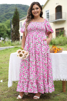 Pink Plus Size Floral Print Smocked Puff Sleeve Maxi Dress Plus Size Dresses 96a00dc4d570c24e