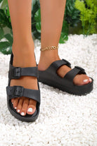Black Solid Color Buckle Straps Beach Slides Shoes Slides Shoes + Flip Flops 96b5d1676053901b