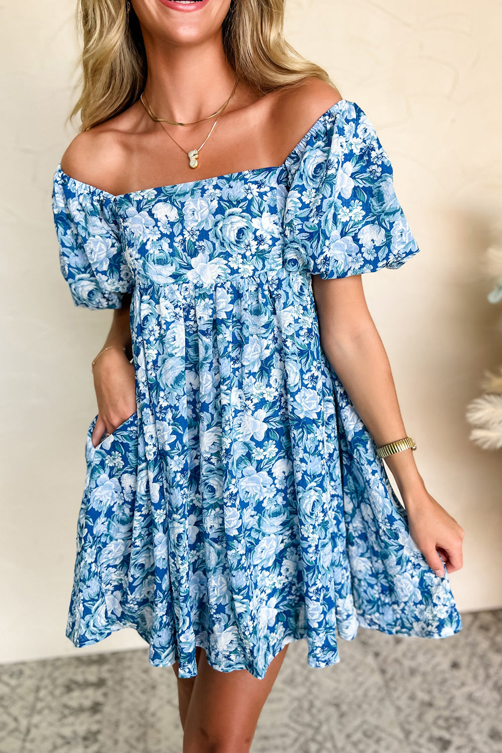 Blue Floral Puff Sleeve Babydoll Mini Dress Short Dresses 96c48ebe26d65bfd