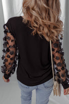 Black Flower Applique Mesh Long Sleeve V Neck Top Long Sleeve Tops 96e73b7e4345863d