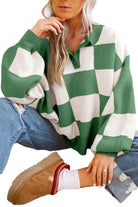 Mist Green Checkered V-Neck Collared Pullover Sweater Sweaters 97093c42c3f22701