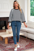 Sachet Pink Striped Round Neck Contrast Trim Bell Sleeve Top Long Sleeve Tops 971871f5e6222130