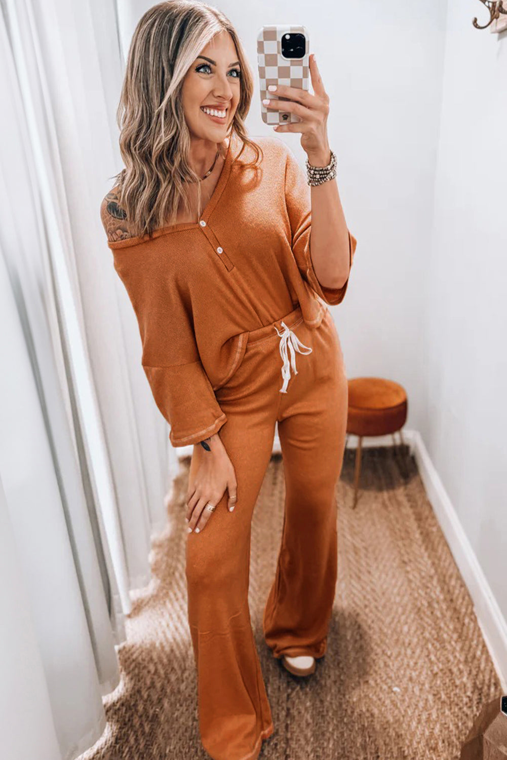 Grapefruit Orange Contrast Stitching Buttoned V Neck Half Sleeve Top and Drawstring Flare Pants Set Two Piece Pants Sets 9727d159f69234ef