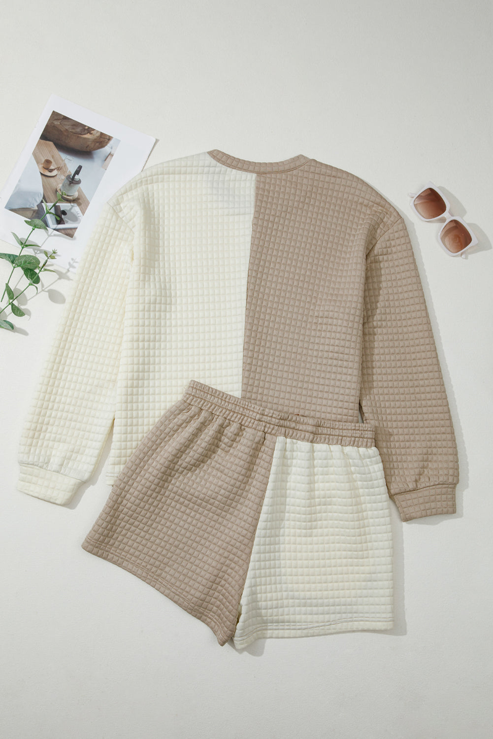 Khaki Color Block Patchwork Textured Long Sleeve Top and Shorts Set Two Piece Shorts Sets 973d97d952145790