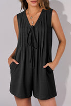 Black Tie V Neck Pleated Sleeveless Loose Romper Rompers 9749c2004329d9cb