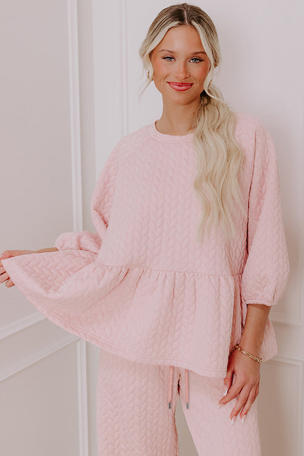 Delicacy Braided Texture Ruffle Hem Top Drawstring Loose Pants Set Two Piece Pants Sets 974a771cac385844