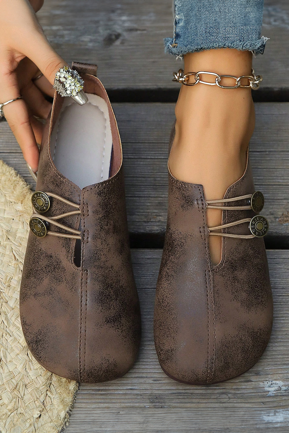 Coffee Button Detail Vintage Faux Leather Loafer Shoes Shoes 975115dfc730b654