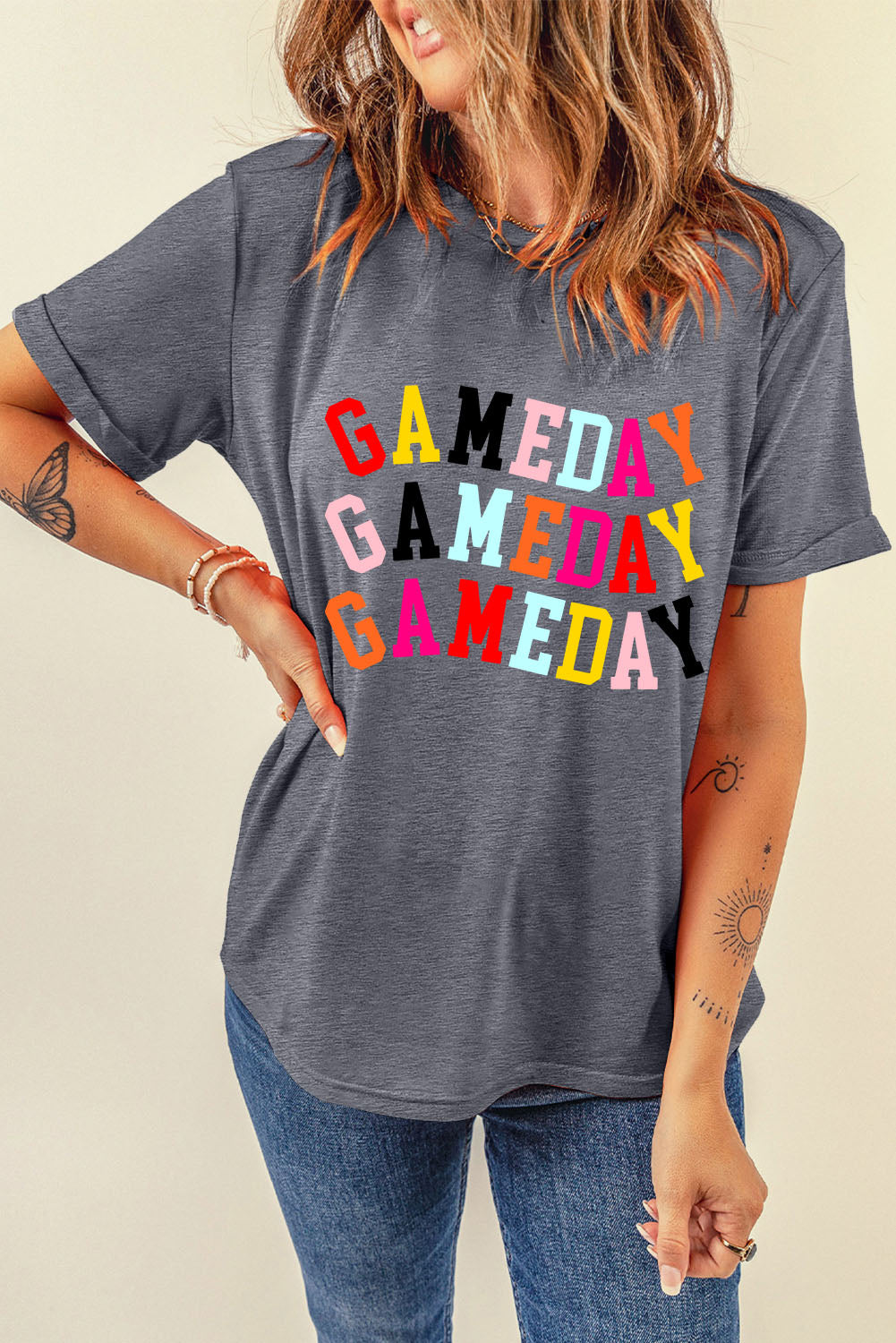 Gray GAMEDAY Letter Heat Transfer Printing Crewneck T Shirt Graphic Tees 97570f9ed87348ec