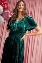 Red Dahlia Velvet Short Sleeve Shirred Waist Tiered Maxi Dress Maxi Dresses 975ff43942e75750