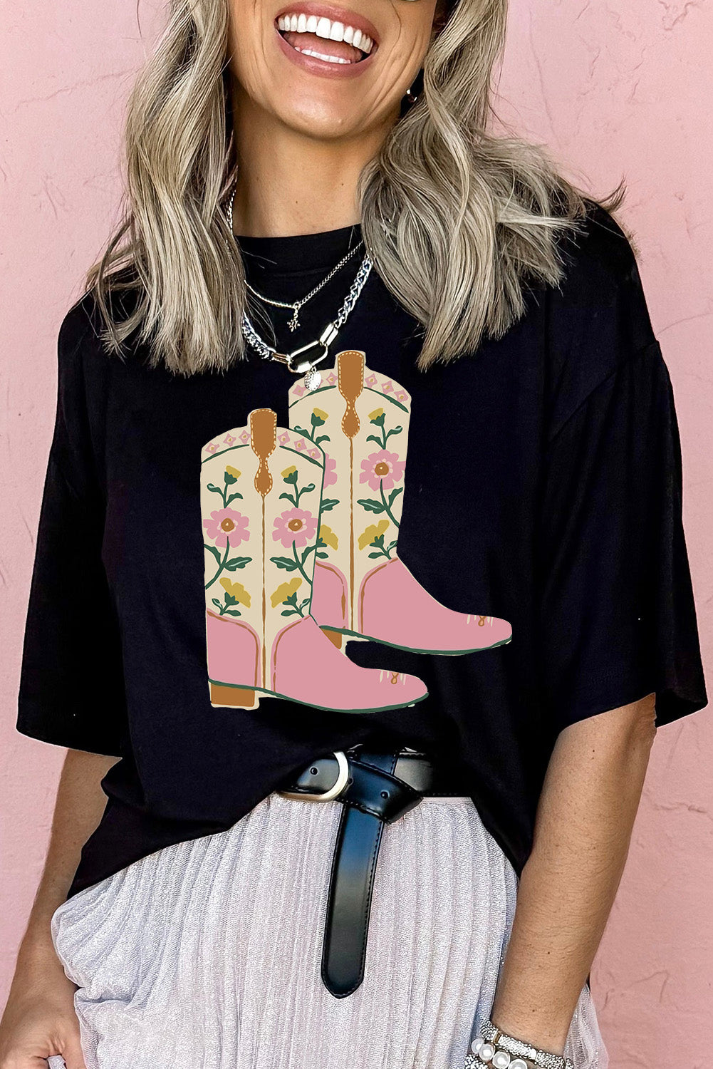 Black Floral Boots Heat Transfer Printing Graphic T Shirt Graphic Tees 97831f1e8d74a0e5