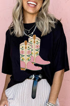 Black Floral Boots Heat Transfer Printing Graphic T Shirt Graphic Tees 97831f1e8d74a0e5