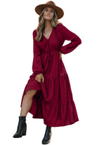 Burgundy Solid Long Sleeve Button V Neck Tiered Maxi Dress Maxi Dresses 97b844a41b835c53