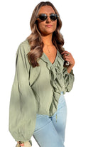 Meadow Mist Green Bow Tie Front Ruffle Trim V Neck Long Sleeve Blouse Blouses 97e0868cde882627