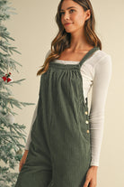 Jungle Green Plain Pocketed Loose Fit Corduroy Overalls Jumpsuits 97f3cce13e346fe8