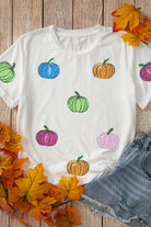 White Sequin Pumpkin Patched Cotton Blend T Shirt Graphic Tees 980ae0d4de404d23