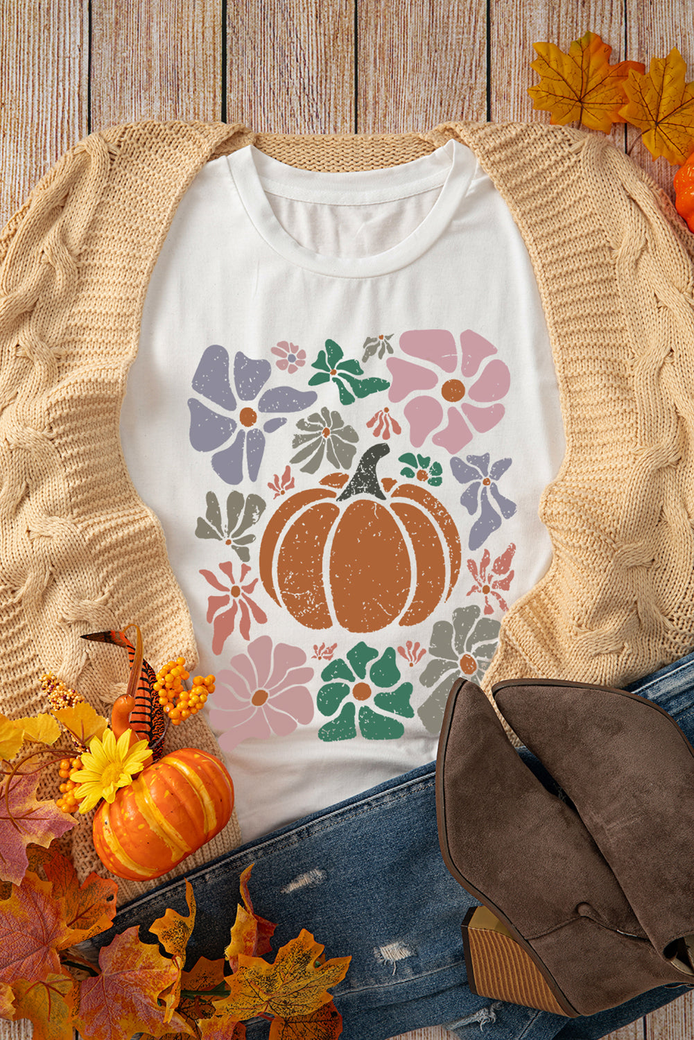 White Flower Pumpkin Distressed Heat Transfer Printing Graphic T Shirt Graphic Tees 9822b7143abf109c