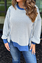Dark Blue Waffle Knit Exposed Stitching Casual Top Long Sleeve Tops 982bd8534dd1d38f