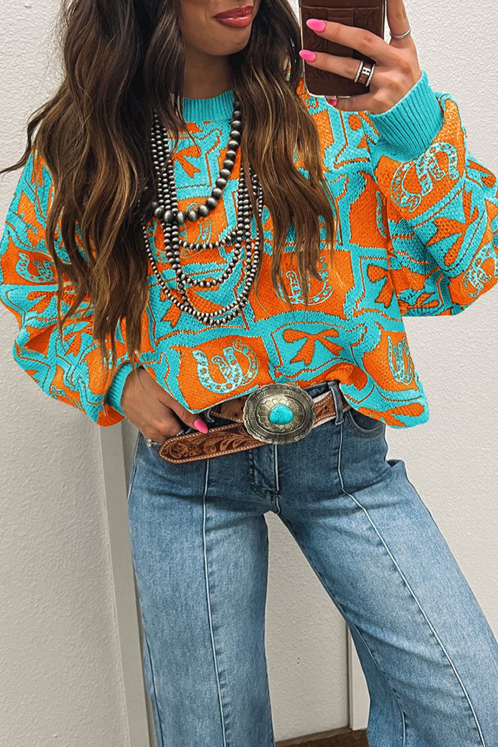 Brown Colorblock Bow Pattern Drop Sleeve Sweater Sweaters 9842933c75535956