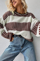 Brown Two Tone Striped Patchwork Drop Shoulder Sweater Sweaters 9884d5df87dbd5a2