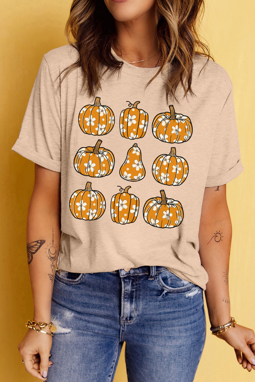 Khaki Fall Floral Pumpkin Heat Transfer Printing Casual Graphic T Shirt Graphic Tees 988f84ac8e76b78d