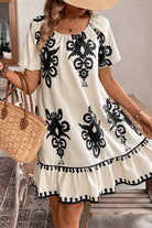 Apricot Ethnic Print Ruffle Hem Loose Mini Dress Short Dresses 9896792842a502e7