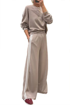 Dirty Blue Varsity Striped Detail Cropped Pullover Wide Leg Pants 2pcs Outfit Two Piece Pants Sets 98b736fab76dd7d2