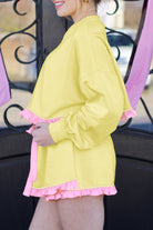 Yellow Ruffle Striped Hem Patchwork Pullover Top and Shorts Plus Size Set Plus Size Matching Sets 98b9d15a50fee91c