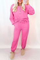 Bright Pink Raw Edge Henley Pullover and Jogger Pants Set Two Piece Pants Sets 98cf1ae5fa82e2b1
