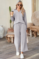 Light Grey Solid Textured Collared V Neck Top and Wide Leg Pants Set Two Piece Pants Sets 98db940a9928726d