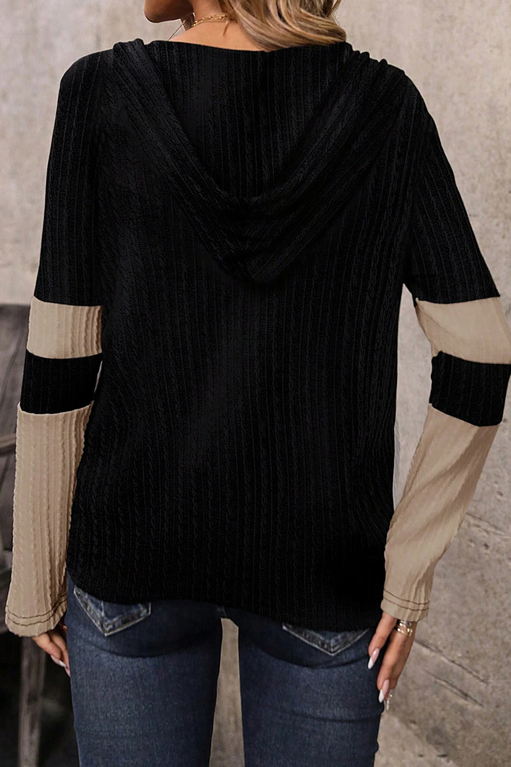 Parchment Textured Patchwork Long Sleeve Hooded Top Long Sleeve Tops 98e44a6ac4be8c6c