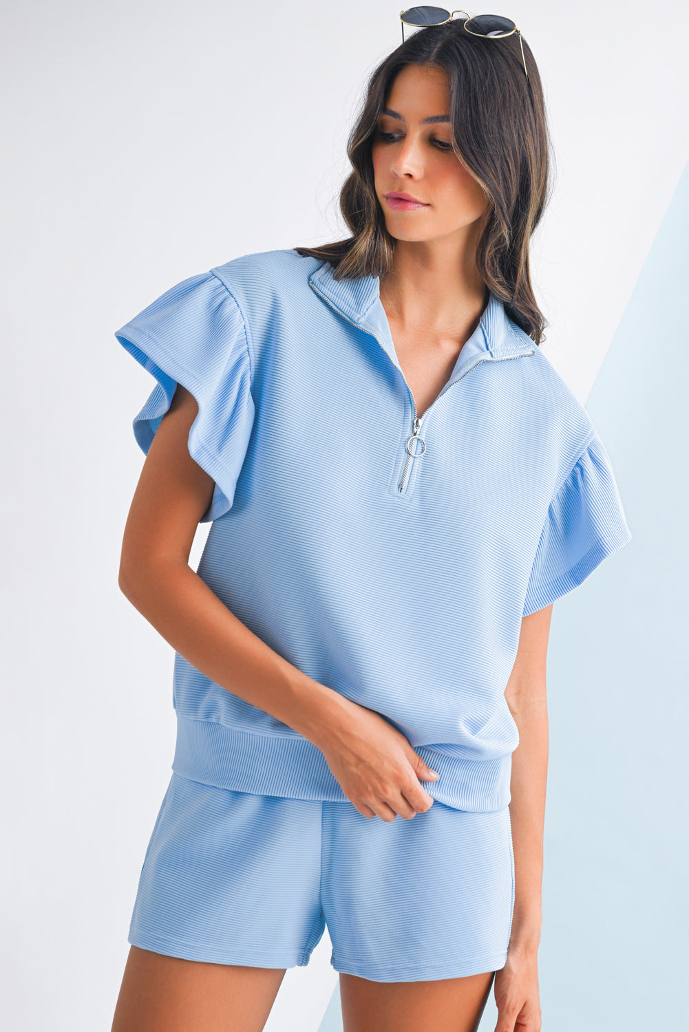 Beau Blue Solid Ribbed Short Sleeve Tee and Shorts Set Two Piece Shorts Sets 98e4c8b400793890