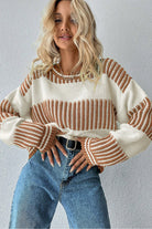 Khaki Two Tone Striped Patchwork Drop Shoulder Sweater Sweaters 98ea68a0ae660d8b