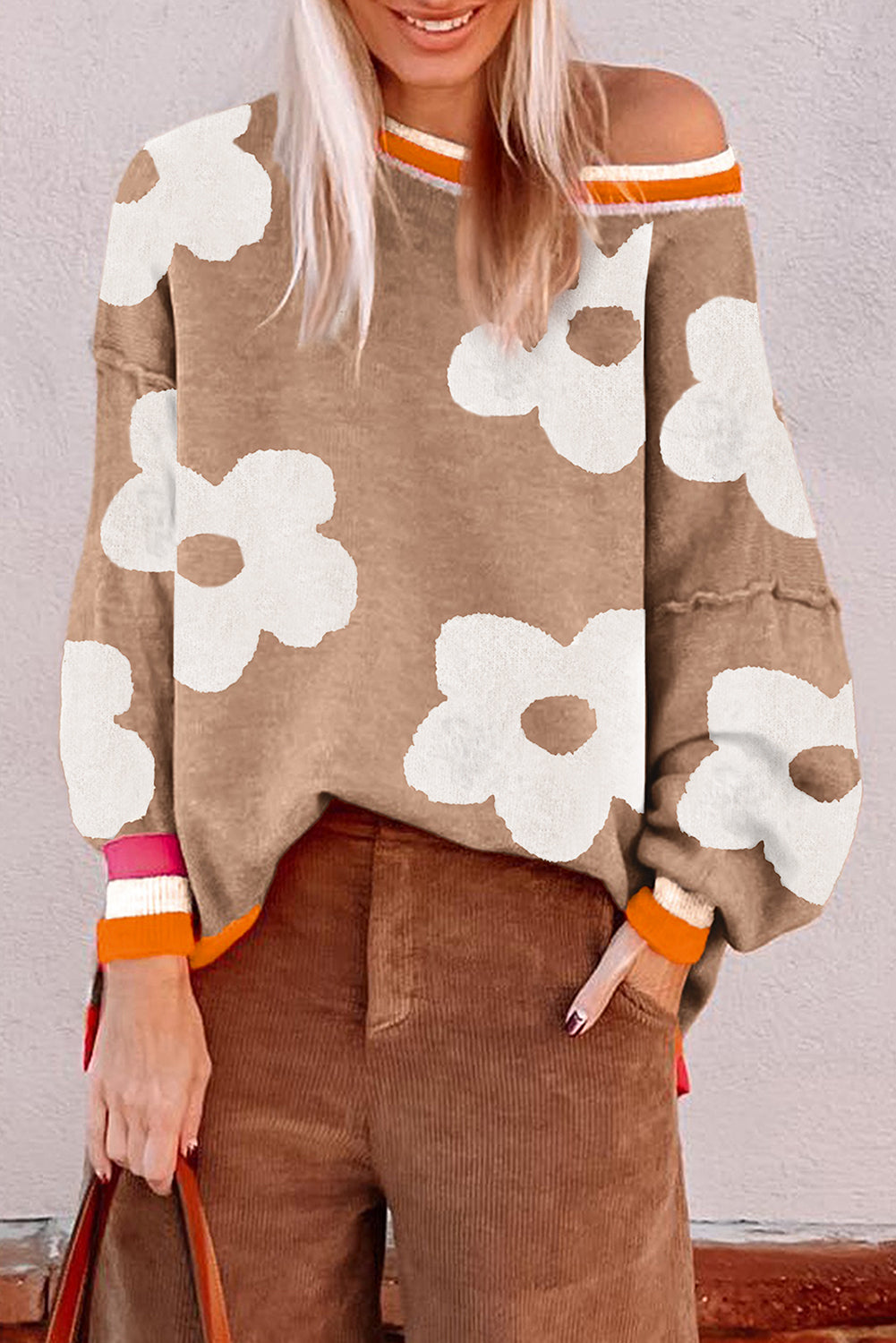 Smoke Gray Big Flower Pattern Contrast Striped Baggy Sweater Sweaters 98ef25948a162207