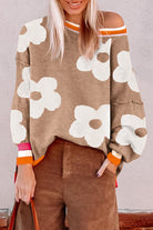 Smoke Gray Big Flower Pattern Contrast Striped Baggy Sweater Sweaters 98ef25948a162207