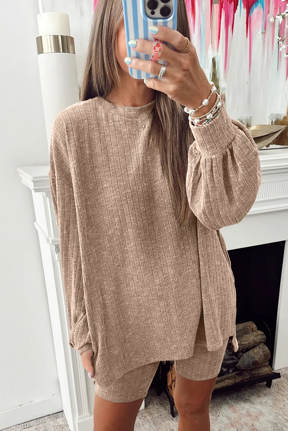 Dark Khaki Ribbed Balloon Sleeve Pullover Top and Biker Knitted Shorts Set Two Piece Shorts Sets 991c159413306600