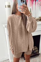 Dark Khaki Ribbed Balloon Sleeve Pullover Top and Biker Knitted Shorts Set Two Piece Shorts Sets 991c159413306600