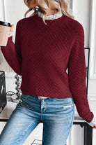 Burgundy Contrast Lace Frill Trim Raglan Sleeve Sweater Sweaters 99327b8f4da8fd3e