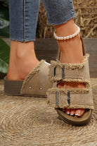 Pale Khaki Double Buckle Straps Frayed Detial Retro Slippers Slides Shoes + Flip Flops 9961575f48e4c825