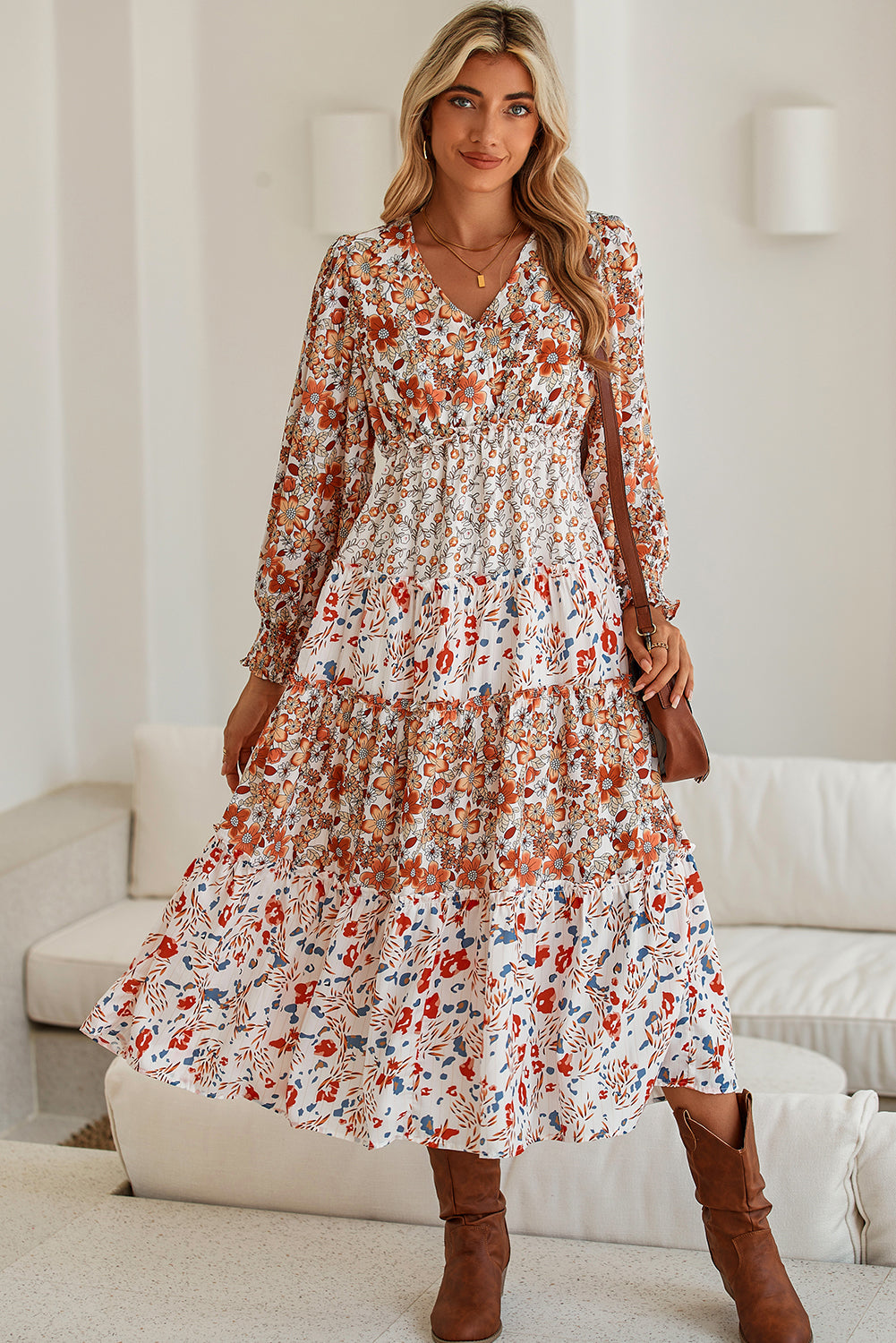 Khaki Floral Print Ruffled Tiered Long Sleeve V Neck Midi Dress Midi Dresses 99b54dca84a6256e