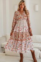 Khaki Floral Print Ruffled Tiered Long Sleeve V Neck Midi Dress Midi Dresses 99b54dca84a6256e