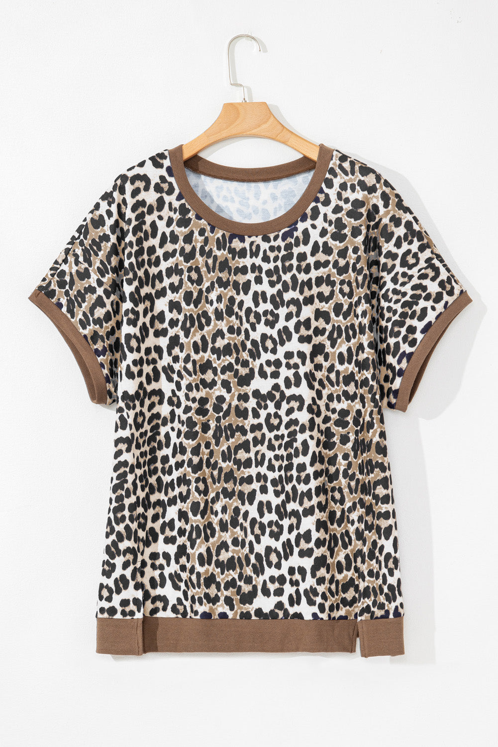 Khaki Leopard Contrast Trim Short Sleeve Loose Plus Size Top Plus Size Tops 99e5485e99f9bc80
