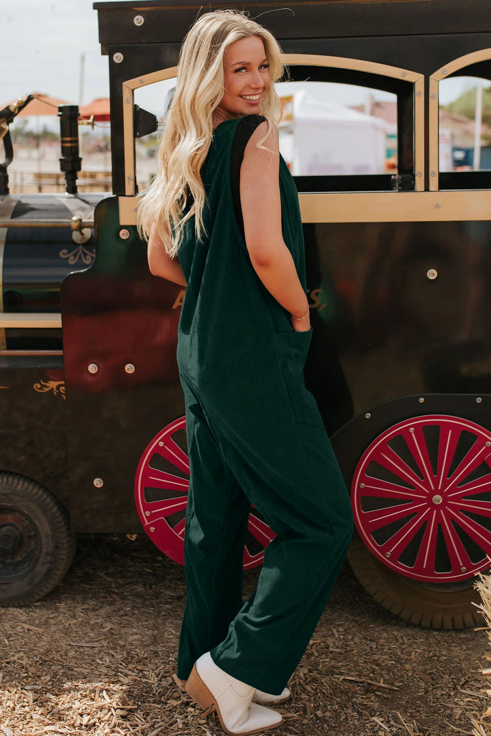 Evergreen Corduroy V Neck Patched Pocket Sleeveless Jumpsuit Jumpsuits 99f1efc6881c1f9c