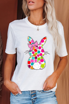 White Polka Dot Bow Rabbit Heat Transfer Printing Graphic Crewneck Easter Tee Graphic Tees 99fc90d9bc7cbf8b
