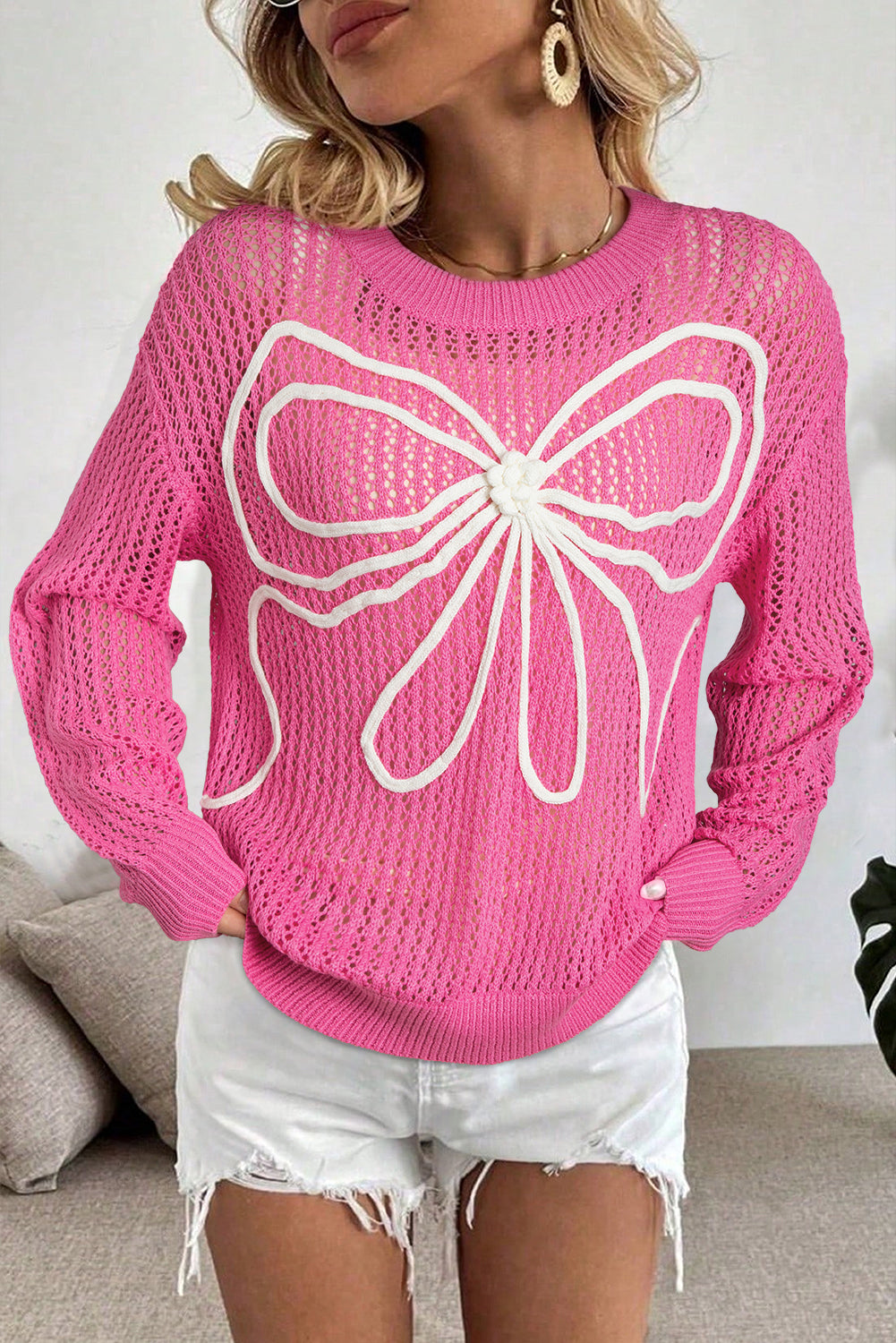 Sachet Pink Sweet Bow Decor Hollow Out Knitted Drop Shoulder Sweater Sweaters 9a039b80d9b324c3